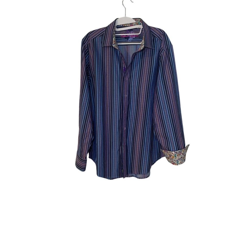 Robert Graham Mens Purple Pink Striped Dress Shirt L Cocktails Flip Cuff